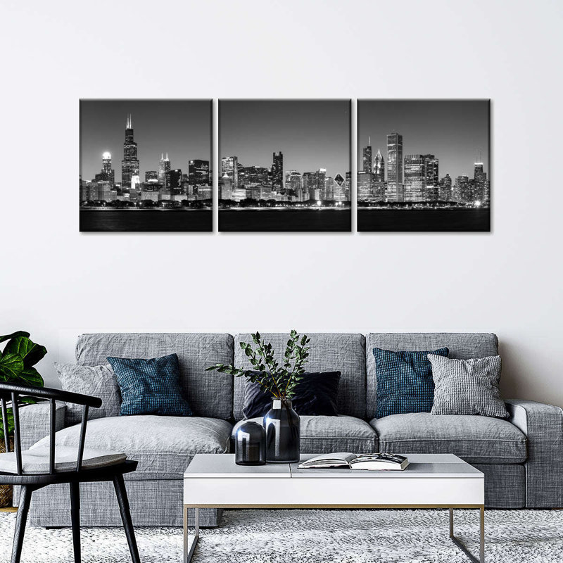 Noir Chicago Skyline, 3 pièces, H 36 po x l 110 po x P 1,25 po