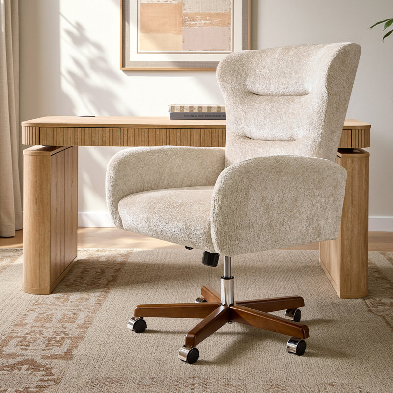Caden Modern Chenille Simple Assembly Wingback Executive Chair with Adjustable Height and Curved Armrests, Oatmeal