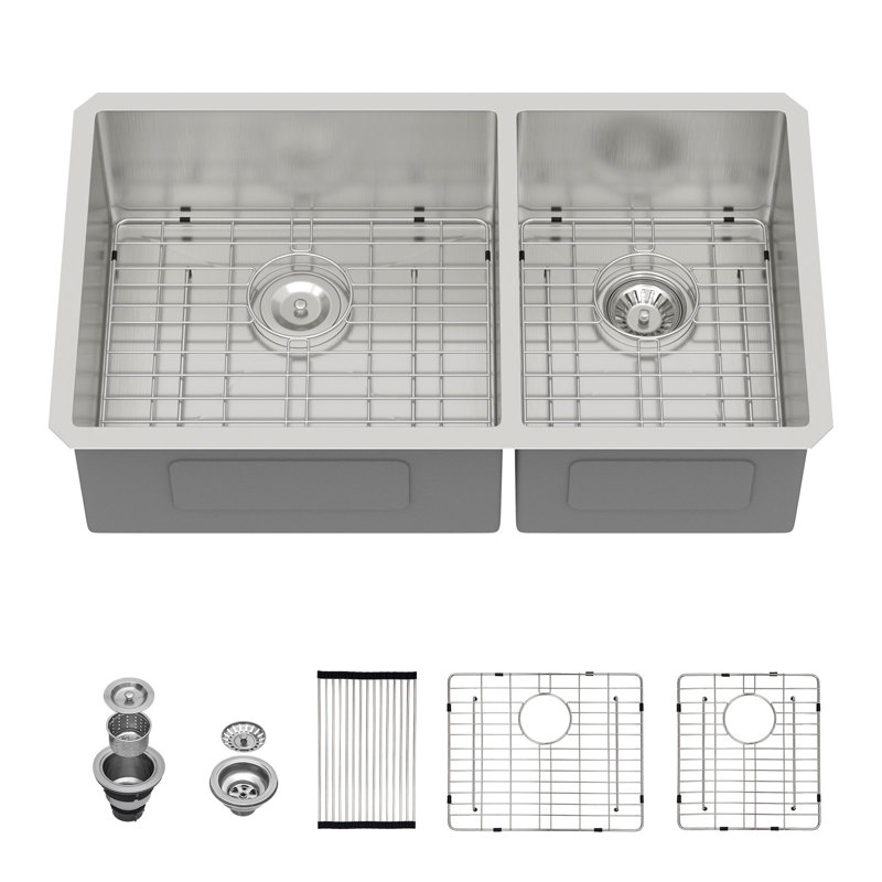 33" L x 19" W Undermount Double Bowl 60/40 Kitchen Sink Double Basin 16 Gauge Stainless Steel Sink