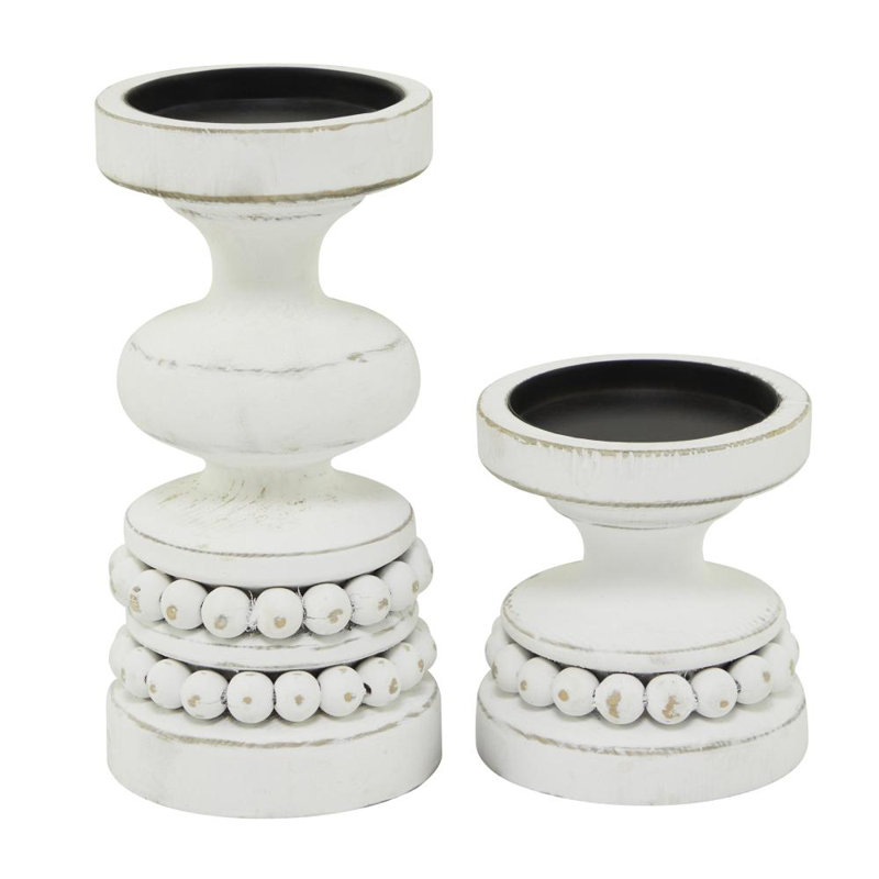 Porte-bougie traditionnel en bois perlé, Blanc