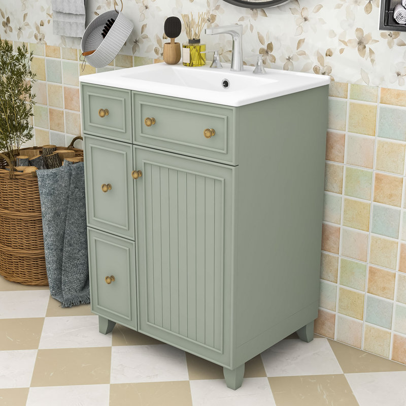 Meuble-lavabo compact avec lavabo en céramique 24 po, Vert, Doré