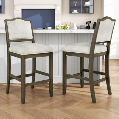 Set of Two Counter Height Bar Stools with Ergonomic Backrest and Rubber Wood Frame
