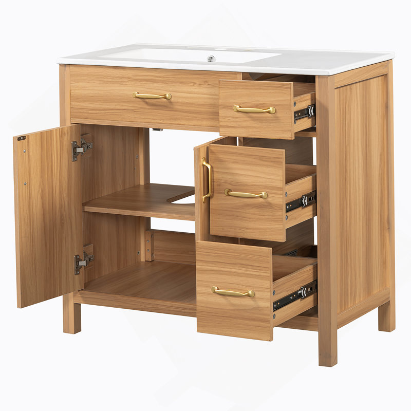 Meuble-lavabo de 36 po en bois avec cadre en bois massif, 2 portes à fermeture douce, 3 tiroirs à fermeture douce, tablette réglable, armoire de rangement moderne pour les petites salles de bain