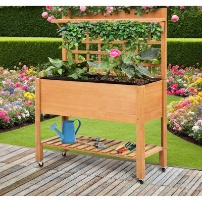 Boîte à fleurs surélevée en bois massif à 3 couches avec roues pour planter des violettes dans le patio ou la serre, rangement sur le dessus et le dessous, grille décorative pour glands, boîte de 41,5 po x l 17,75 po x H 53,25 po