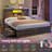  Farmhouse Queen Bed Frame with Charging Station, LED Lights and 4 Storage Drawers, No Box Spring Needed, Gray-1370590948-1370590944