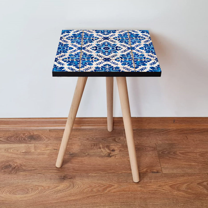 Table d'appoint élégante avec pieds en bois de hêtre, motif damassé bleu et bleu marine, 13,8 x 16,5 x 13,8 pouces | Fabrication 100% bois aggloméré, épaisseur: 0,7 po | Parfait pour le salon et la chambre à coucher, élégant et fonctionnel