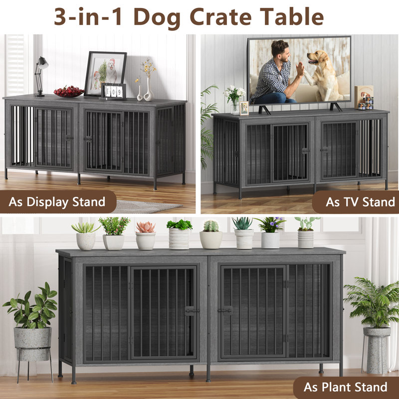 Fidelmar Metal and Wood Pet Furniture Style Crate, 33.46" H x 78.74" W x 27.55" D, Dark Gray