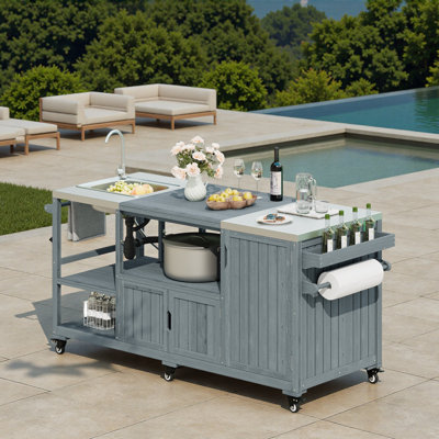 Outdoor Kitchen Island With Sink, Stainless Steel Top, Storage Cabinets, And Internal Storage Racks