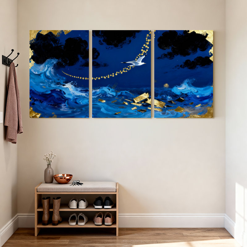 Ensemble de 3 impressions sur toile Blue Waves Gold, H 18 po x l 36 po