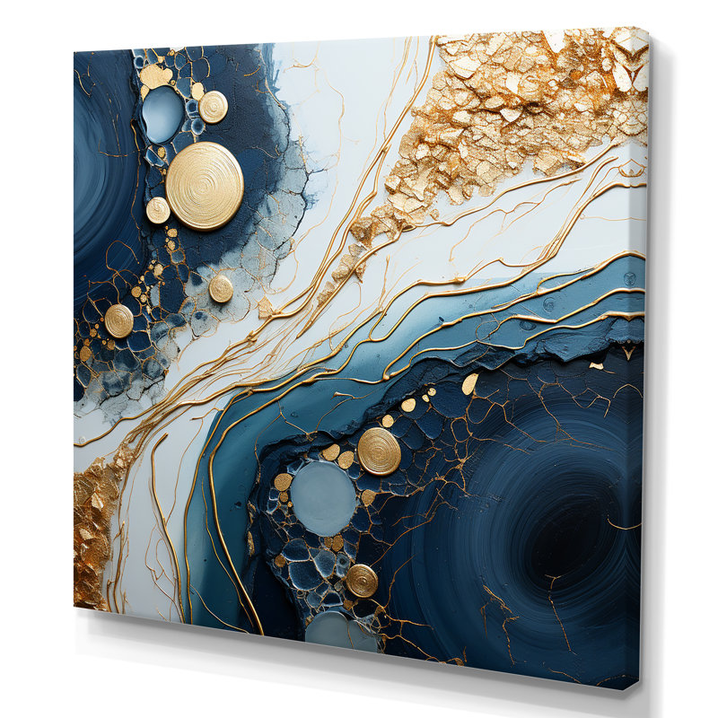 Or doré et bleu, art liquide abstrait I - encre liquide, art mural abstrait, Toile tendue, H 16 po x l 16 po x P 1 po