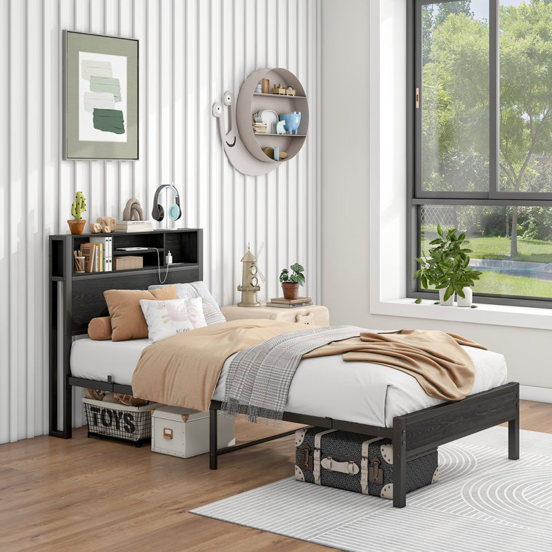 Bed Frame with Storage Headboard, Twin, Black