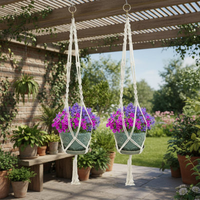 Macrame Plant Hanger, Set of 2 Cotton Rope Handwoven Hanging Pot Holder Basket for Indoor Outdoor Potted Plants Home Garden Decor
