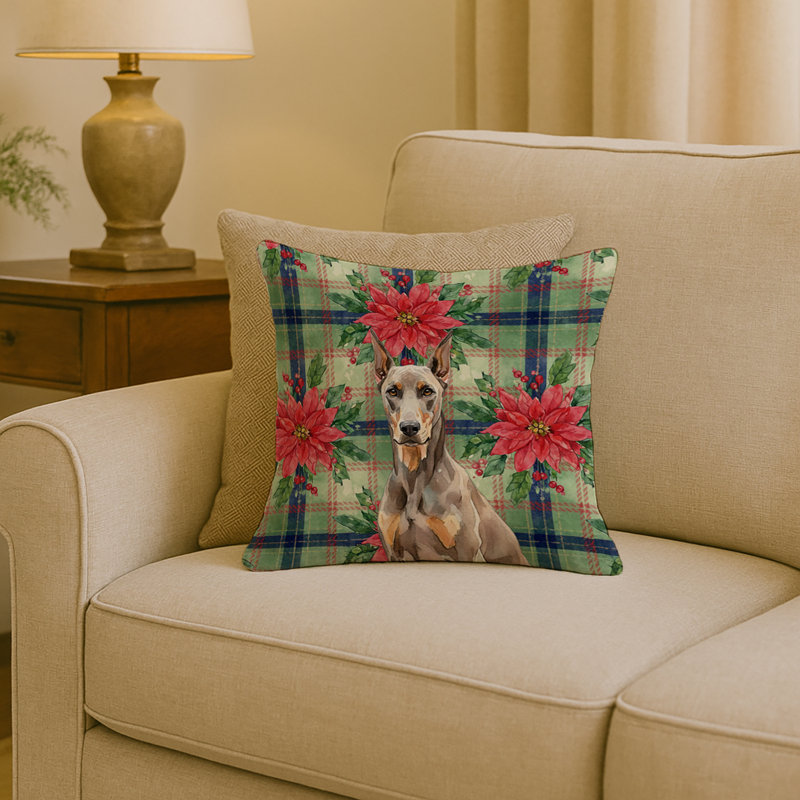 Coussin décoratif fauve Doberman Pinscher Christmas PoinsettIas, Carré 18 po, Doberman pinscher fauve