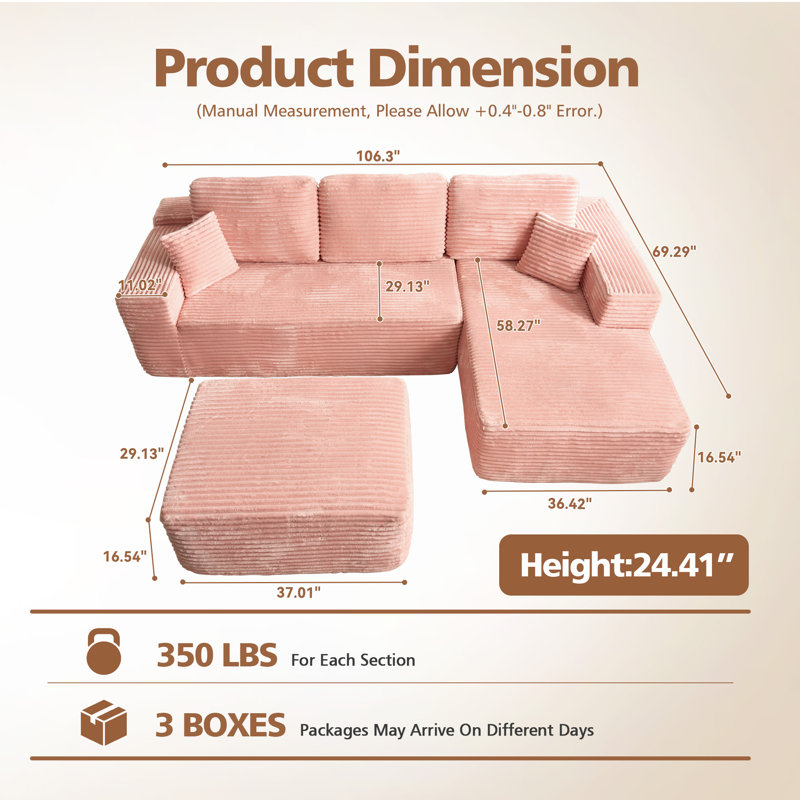 Boneless 106.3" Boneless Floor L-Shaped Sectional Sofa With Ottoman, No-Assembly Cloud Couch For Modern Living Spaces