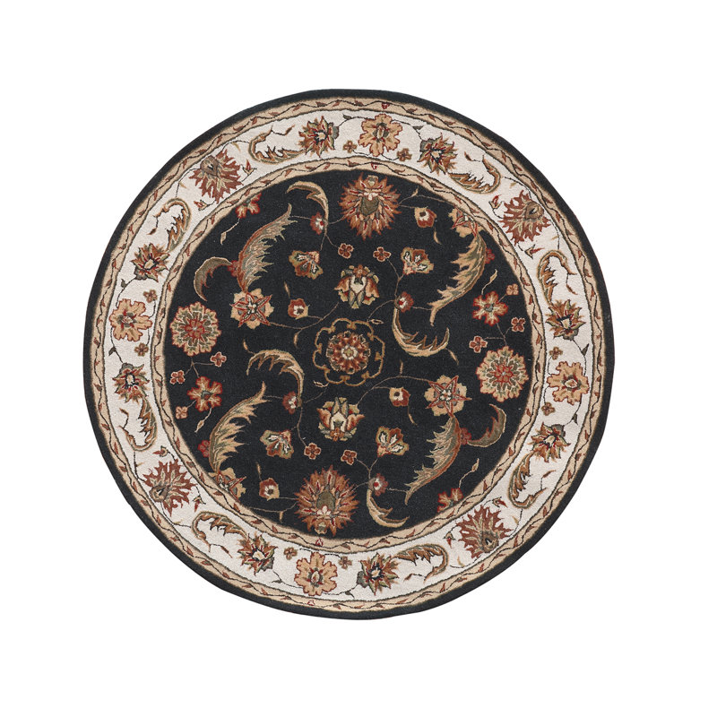 Laine fabriquée à la main de style oriental Java/soie noire/beige Tapis décoratif, Rond 7 pi 10 po