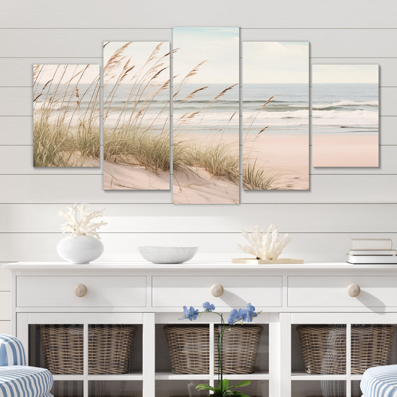 «Ocean Spring Bliss Tender Pastel Beach Grass II», reproduction sur toile de plage - 5 panneaux