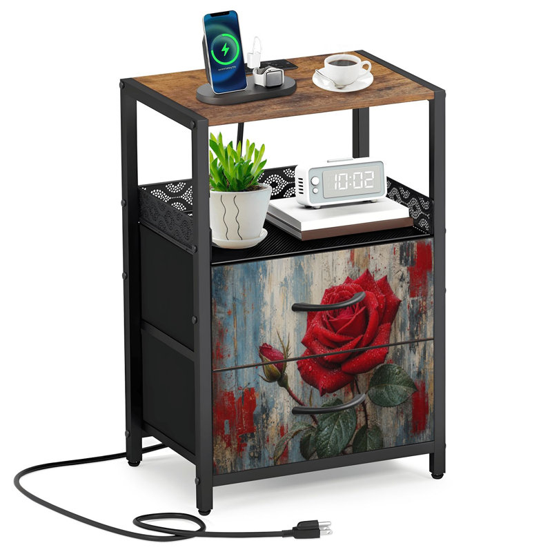 Table de chevet 2 tiroirs en tissu avec station de charge Red Rose Elegant Petals