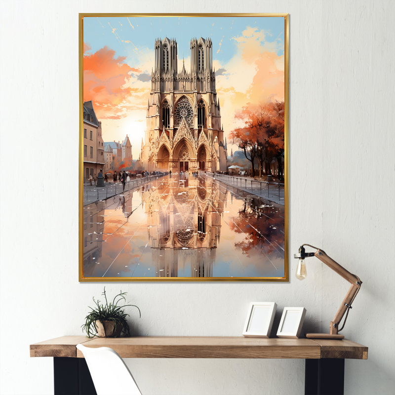 Cathédrale de Paris - impression, Cadre flottant doré, H 20 po x l 12 po x P 1 po