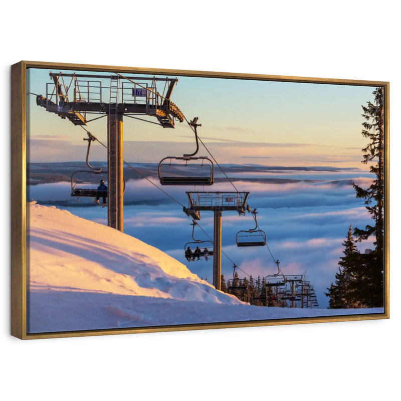 Remontées mécaniques au coucher du soleil, Cadre flottant doré, 37 po x 25 po