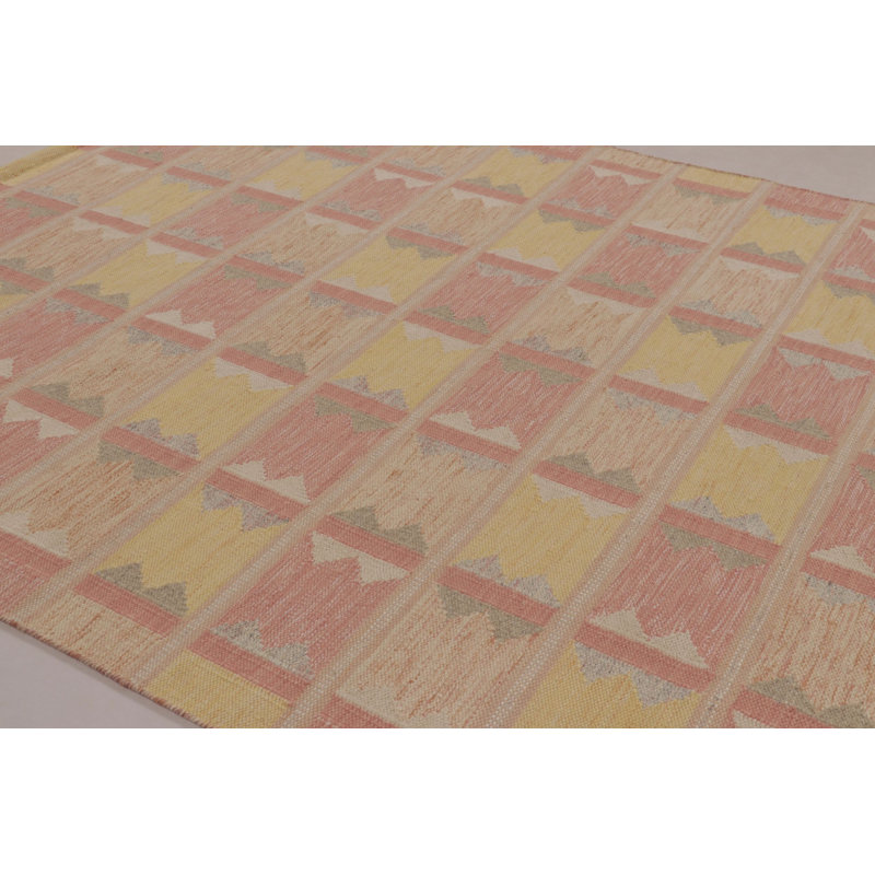 Scandinavian Hand Knotted Wool Geometric Area Rug in Pink, Yellow, Beige
