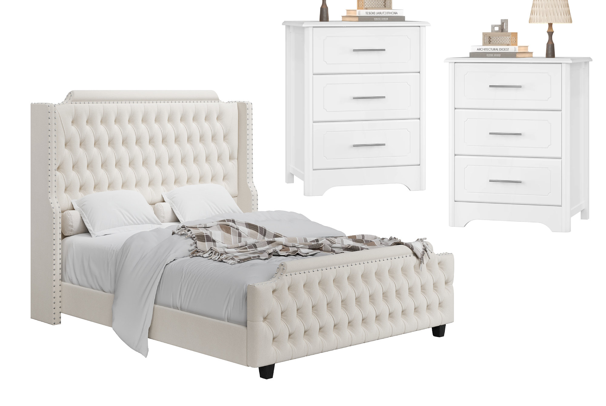 Winston Porter 3Piece Bedroom Sets, OffWhite Wingback Headboard Tall