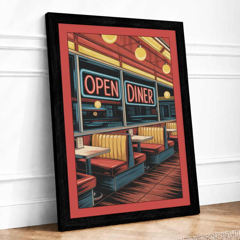 Neon Diner Glow Retro - Framed Print, Black, A4 - 29.7 x 21.0 cm