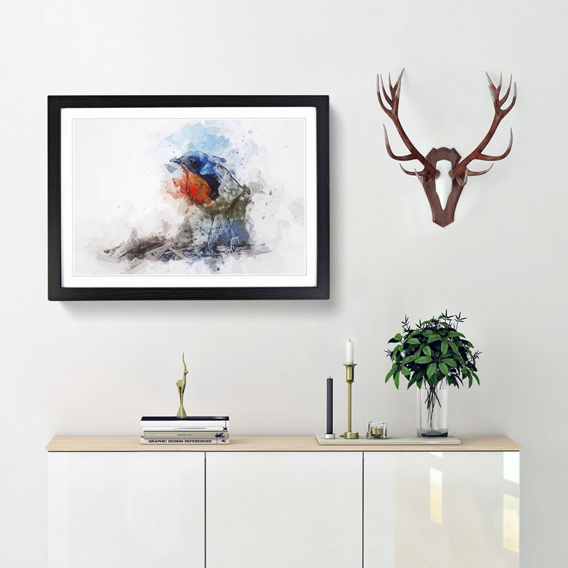 Robin Bird in Abstract - Picture Frame Painting Print, 35cm H x 50cm W x 2cm D, Black