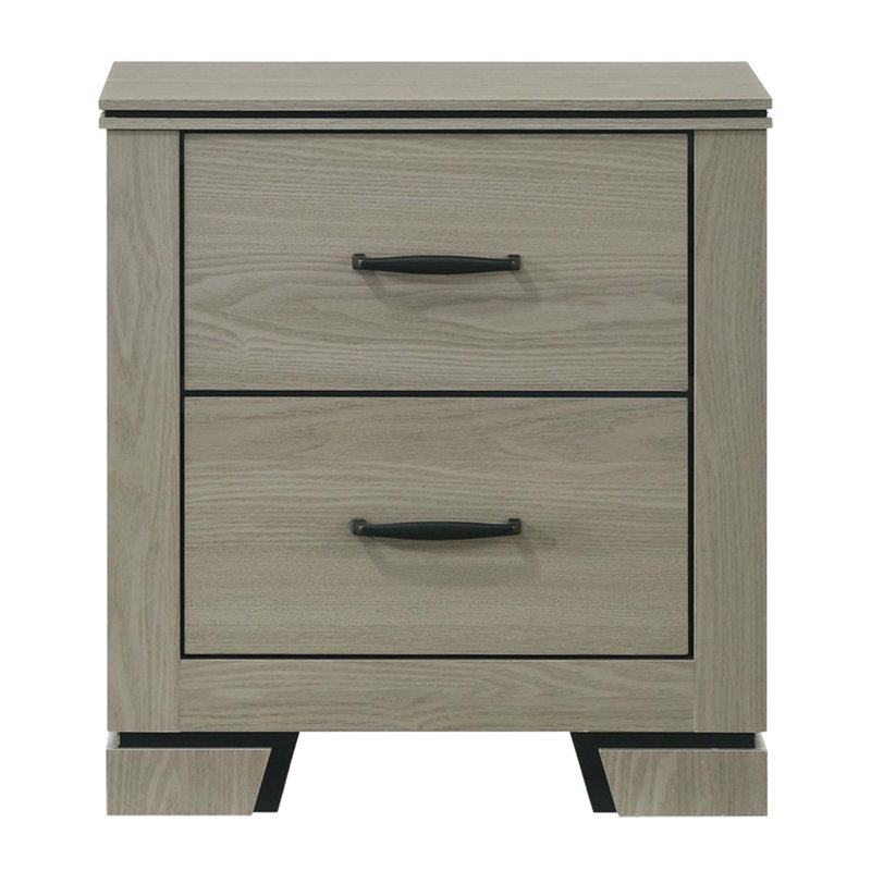 Table de chevet à deux tiroirs au design moderne et épuré, finition gris patiné, mobilier de chambre durable et élégant