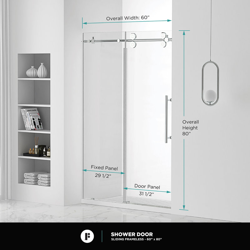 Porte de douche coulissante simple sans cadre l 60 po x H 80 po, Nickel satiné