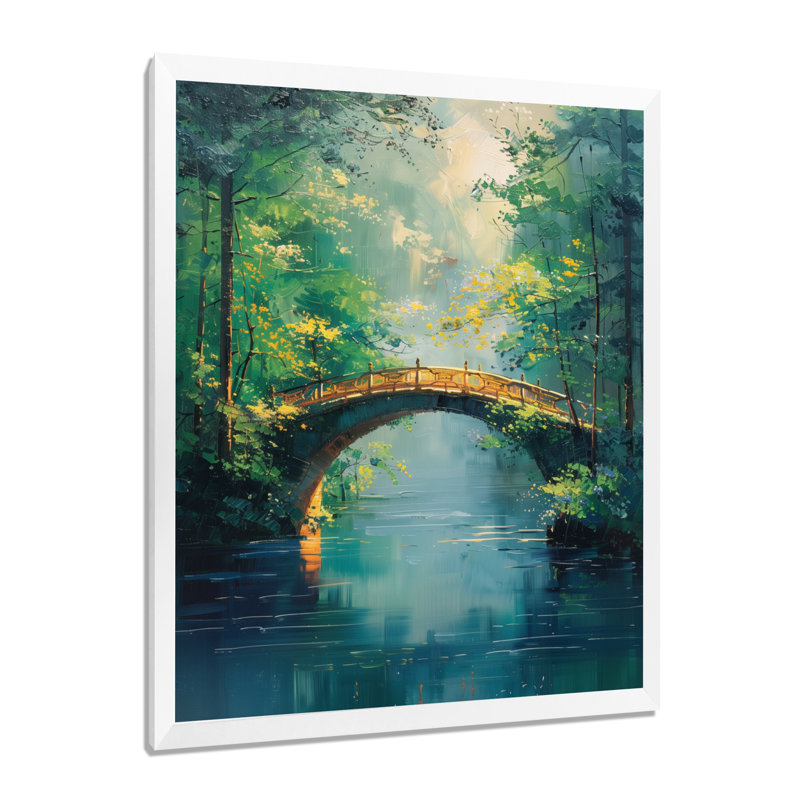 Décoration murale pont de rivière vert et beige, Toile encadrée blanche avec une seule photo, H 44 po x l 34 po x P 1,5 po