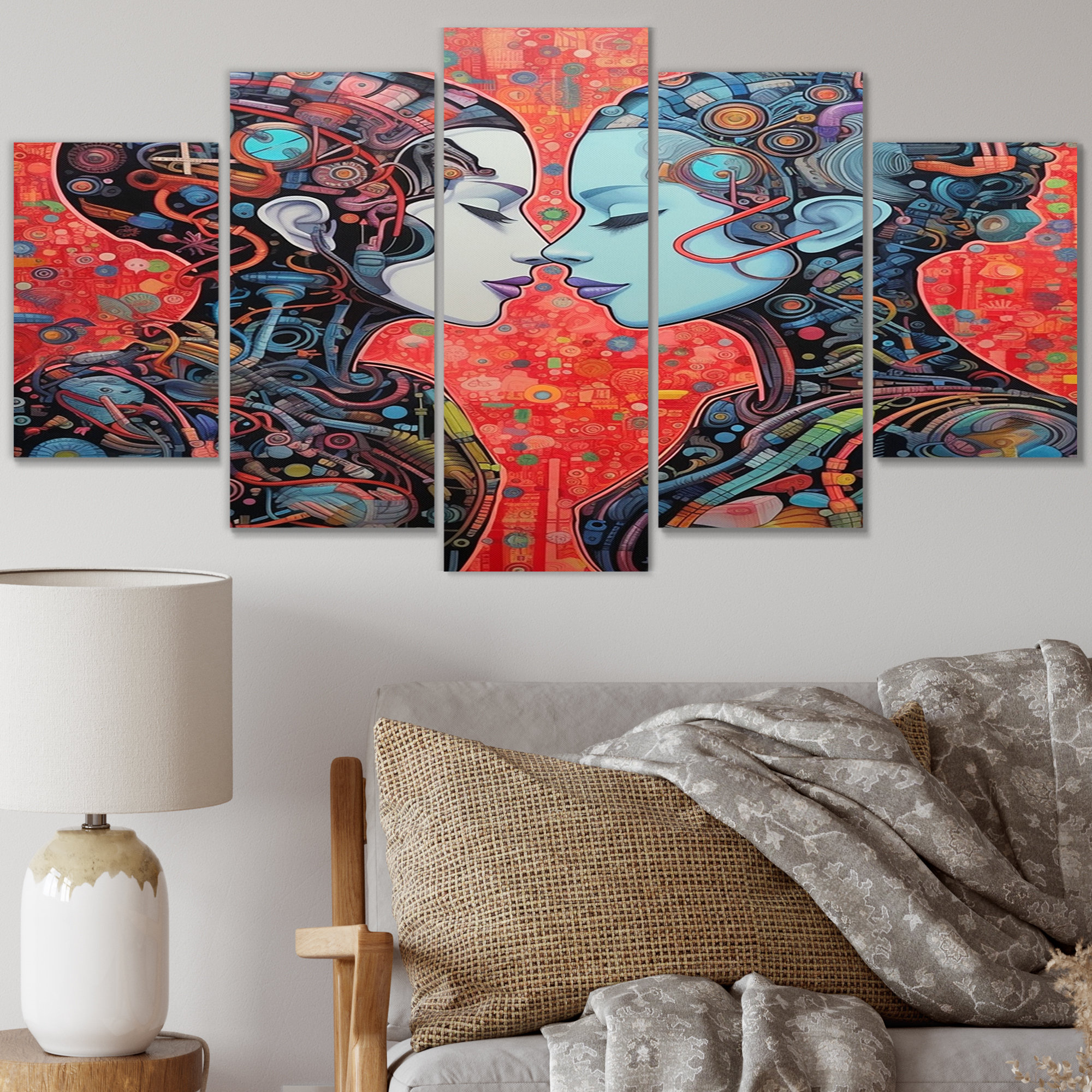 Design Art Charming Robots Celebrating Love Retro - Robot Canvas Wall ...