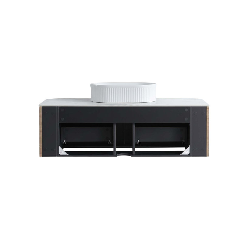 Meuble-lavabo incurvé d'inspiration naturelle avec rangement à fermeture douce et porte-serviettes, Chêne miel
