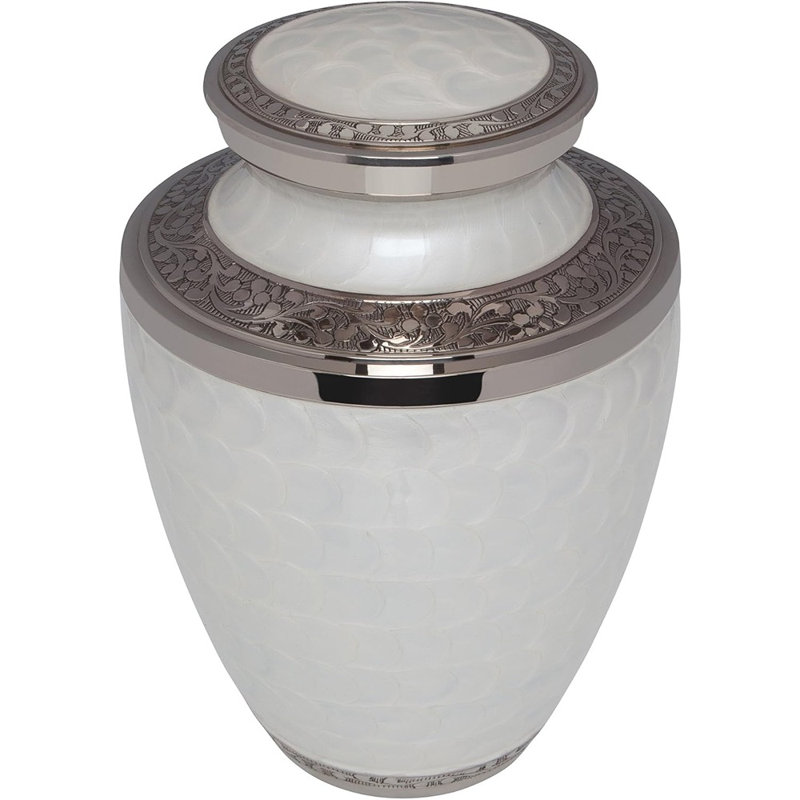 White Funeral Urn Cremation Urn For Human Ashes - Hand Made In Brass - Suitable For Cemetery Burial Or Niche- Large Size Fits Remains Of Adults Up To 200 Lbs- Petals White Model