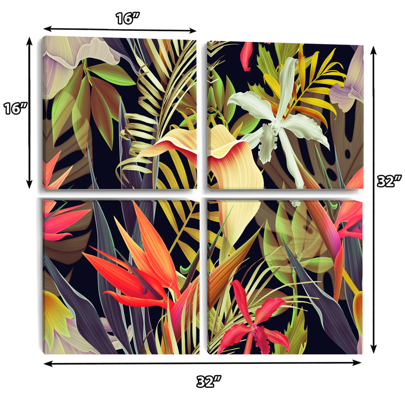 «Tropical Flower On Black I», ensemble de 4 reproductions d'art sur toile tropicale