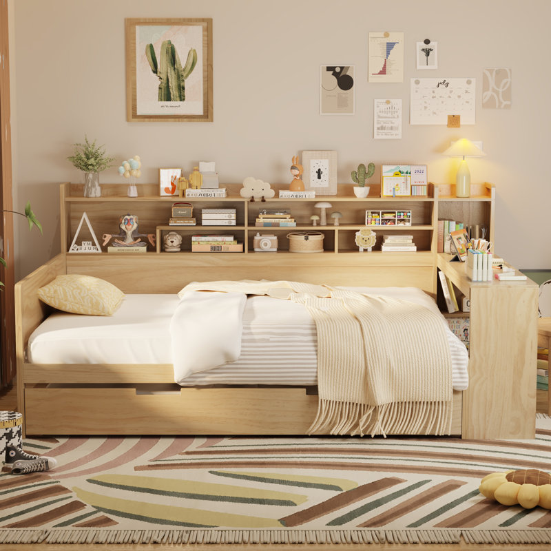 Wooden Daybed With Storage Shelves, Multi-Functional Bed With Trundle Bed And  Study Desk,, Full, Natural