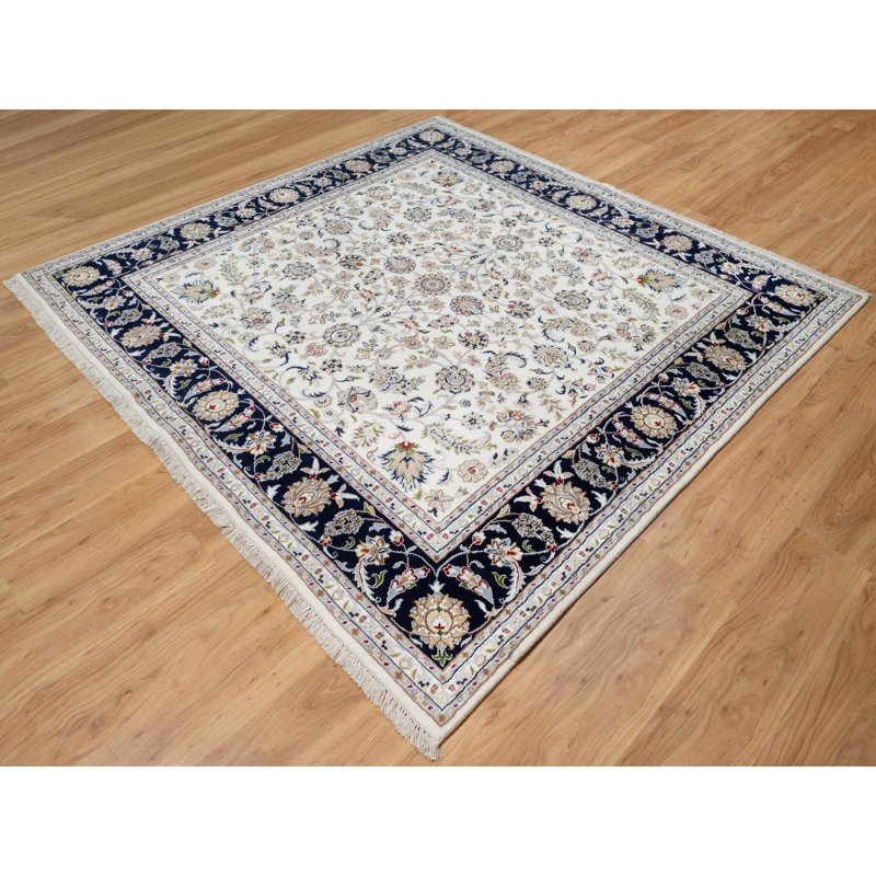 Tapis carré blanc en laine et en soie noué à la main 7 pi 9 po x 7 pi 9 po 7D6FFF64D5C84F6E858FD59CE10172F8