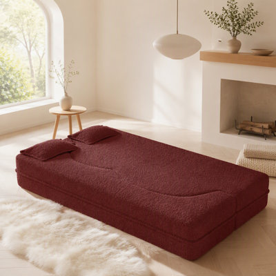 Modern Floor Sofa with 2 Pillows, Convertible Teddy Fabric Foam-Filled Sleeper Sofa Bed, Twin Size Folding Mattress for Living Room and Guest Use.
