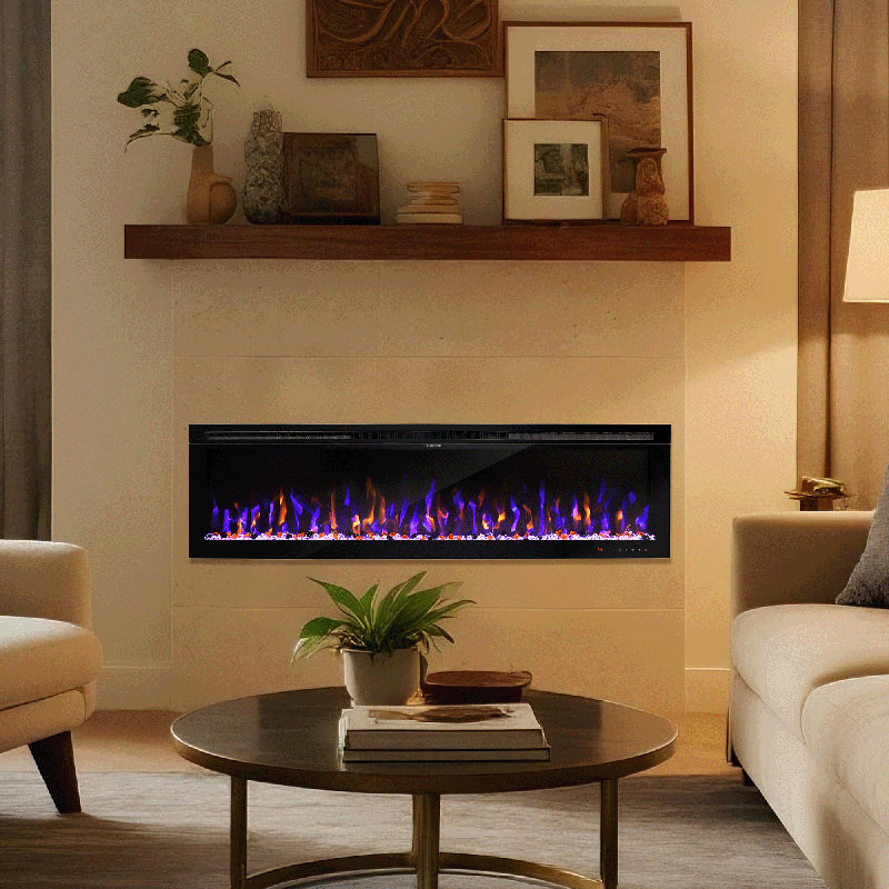 Recessed Wall Mounted Electric Fireplace, Narrow Frame Fireplace Heater With 7X11 Flame Colors, Modern Fireplace Heater With Timer, Thermostat By Remote And Touch Panel, 750/1500W
