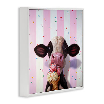 Cute Baby Cow with Ice Cream Cone Pink Stripes by Lucia Heffernan - Graphic Art