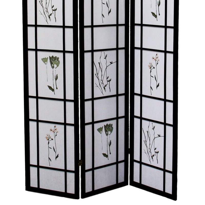 Paravent 70 po 3 po, finition noire, design asiatique, pin massif, panneaux à imprimé floral, cloison haute pliable, noir, ornements, impressions de panneaux,