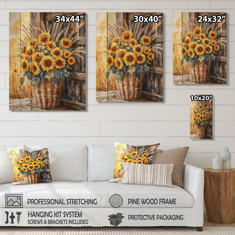 Tournesol et bouquet de blé à la grange - décoration murale en bois de tournesols - sur bois de pin naturel