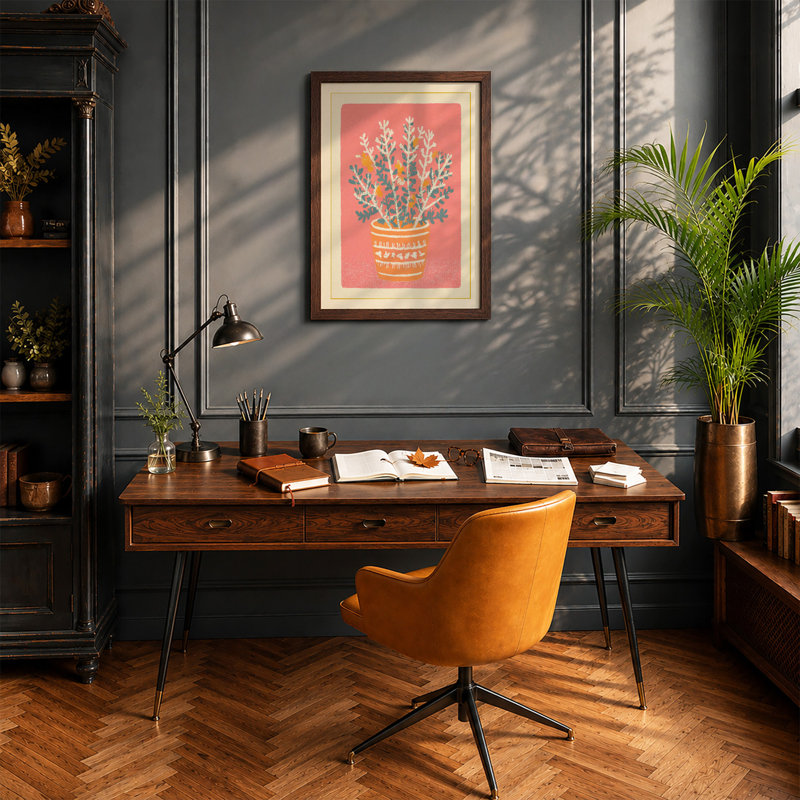 Potted Cactus Mid-Century - Single Picture Frame Print, A3 - 42.0 x 29.7 cm, Walnut