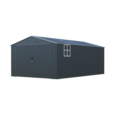 13X20ft Large Metal Garage For Outdoor Use, Featuring Two Windows, Translucent Panels, 250 Sq. Ft. Floor Space, Improved Airflow, And Secure Lockable Doors With Windows Space Cars, Trucks, Backyard