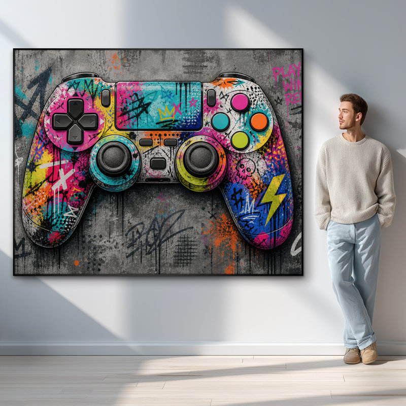 Très grand art mural imprimé sur tissu - contrôleur de jeu bleu Pop Art, décoration de salle de jeu - «Assemblage requis du cadre (cadre non fini)»
