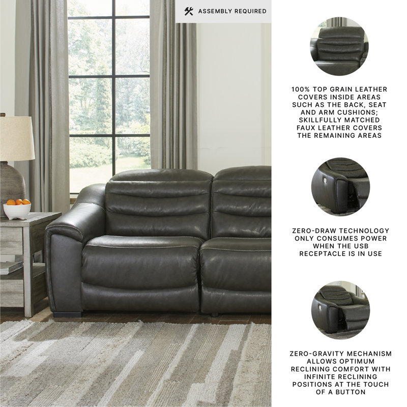 Melynn 110'' Upholstered Power Reclining Sofa, Dark Gray Genuine Leather