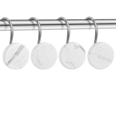 Marble Shower Curtain Hooks Decorative,Set Of 12 White Shower Curtain Hooks Rings,Stainless Steel Rust-Proof Round Stone Shower Hangers
