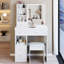 Coiffeuse de style américain 29,2 po avec tiroir gauche, miroir coulissant droit, rangement grande capacité et tabouret rembourré, idéale pour les petits espaces de salle de bain 50,4 po