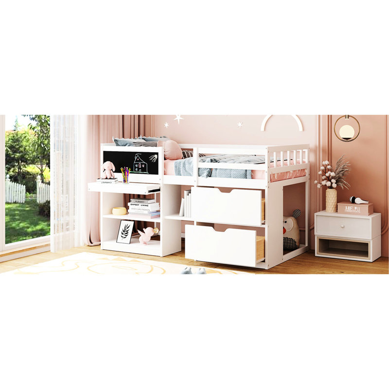Lit mezzanine bas blanc simple avec bureau roulant, tablette et tiroirs - Bois massif fonctionnel et solide pour un look de chambre à coucher élégant