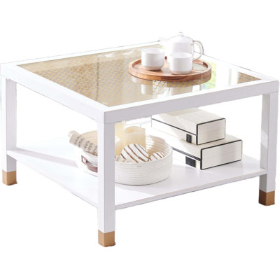Table basse moderne carrée avec plateau en verre doré et structure en métal