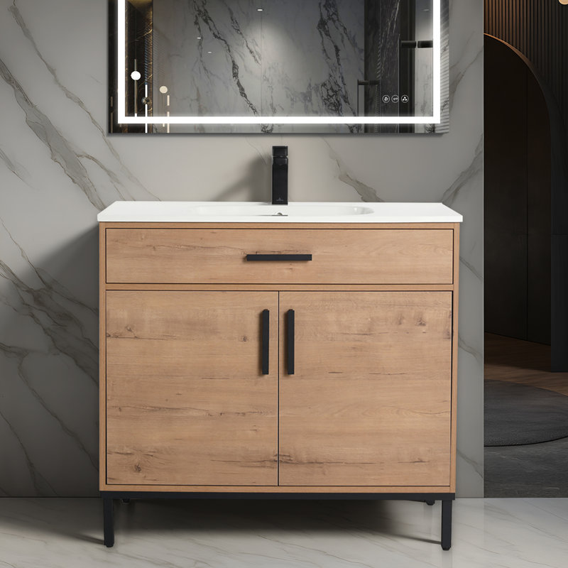 Meuble-lavabo sur pied 36 po avec lavabo - Armoire en bois massif avec lavabo en céramique, portes à fermeture en douceur et rangement réglable pour les petites salles de bain